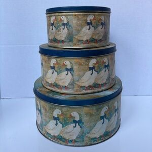 Vintage Goose Tin Canister Set of 3 – Blue Ribbon Geese Design